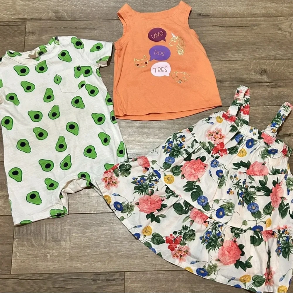 3 Pc Lot Infant Girls Summer 12 Mo Dress Romper Shirt Summer Floral Avacado